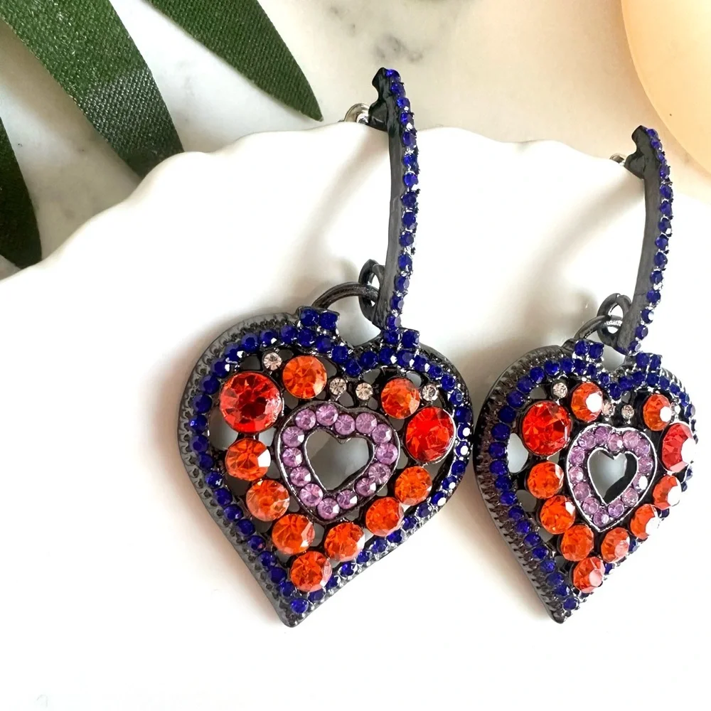 2/$30🌵 Rhinestone Heart Earrings Blue Orange Pink Sparkle Jewelry Gift Boho NEW